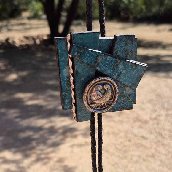 Handmade Geometric Shape Bolo Tie with Double Dove Bird Medallion - Picture 6 of 16